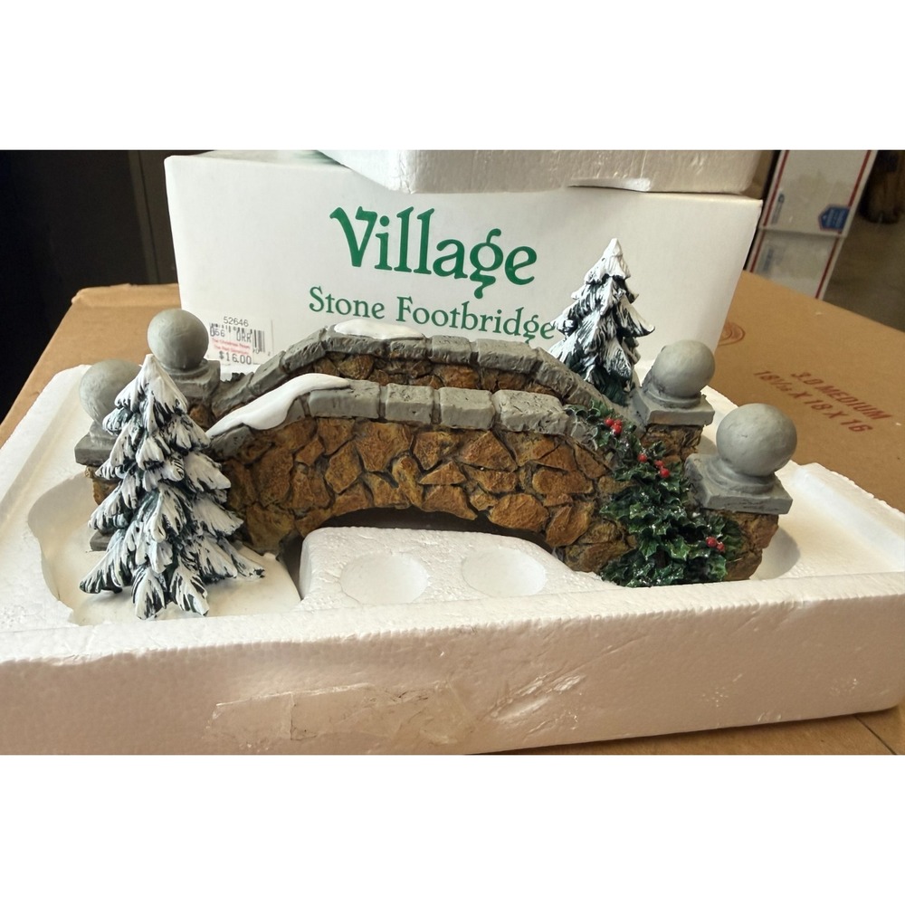 Dept 56 Village Stone Footbridge Accessory Bridge Snow Trees Original Box